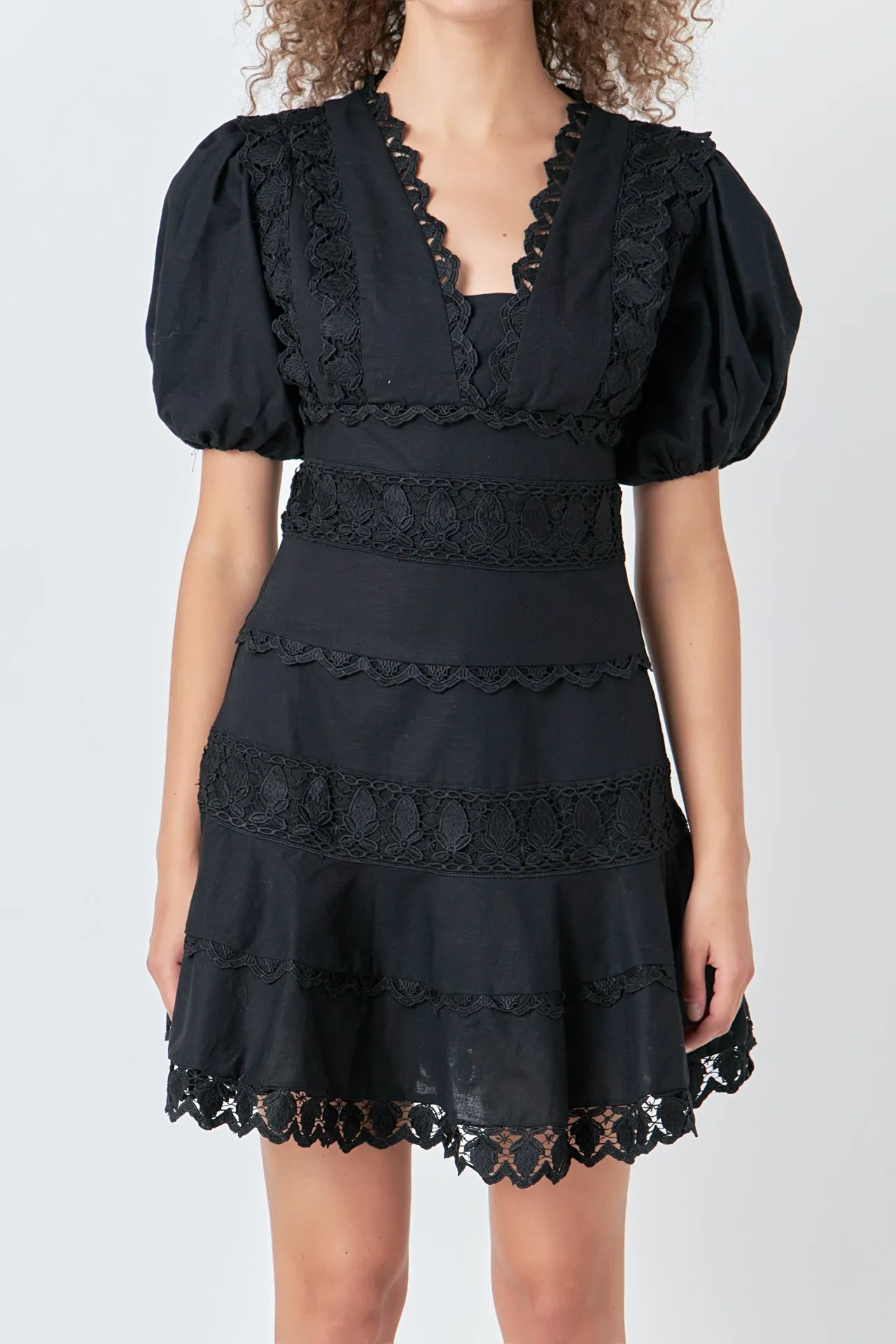 Plunging Lace Trim Dress with Puff Sleeve