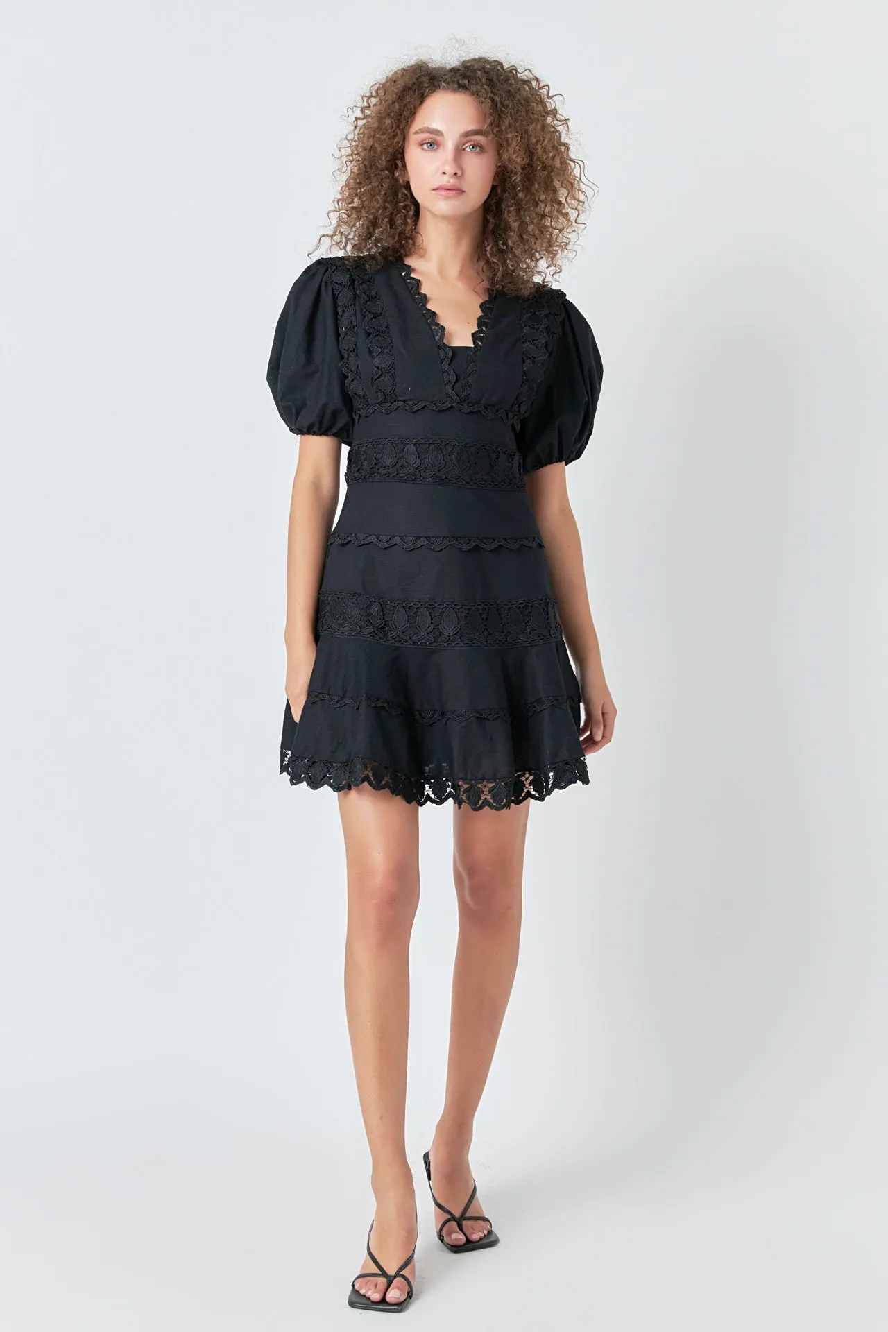 Plunging Lace Trim Dress with Puff Sleeve