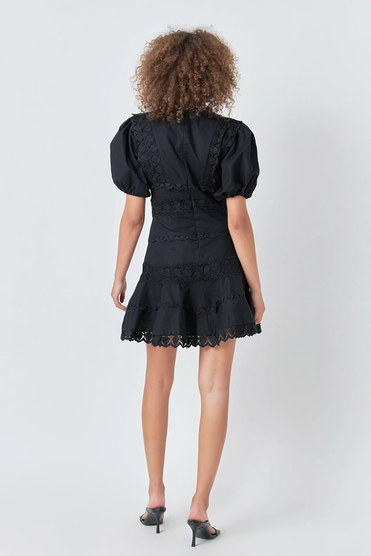 Plunging Lace Trim Dress with Puff Sleeve