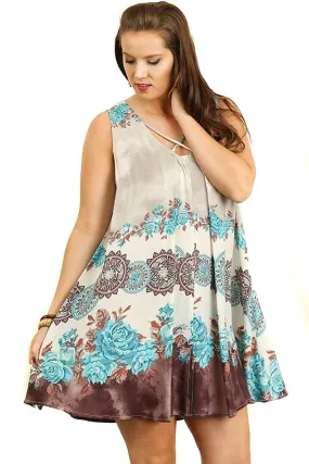 Plus Size Boho Floral Tie Dye Criss Cross Tunic Dress