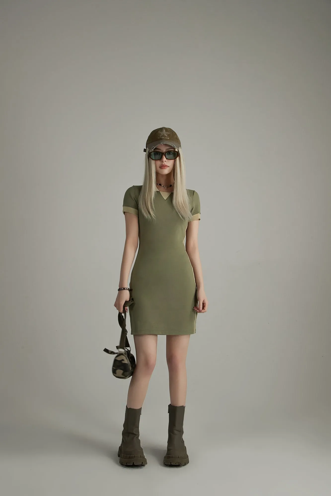 Polo Collar Color Bodycon Mini Dress