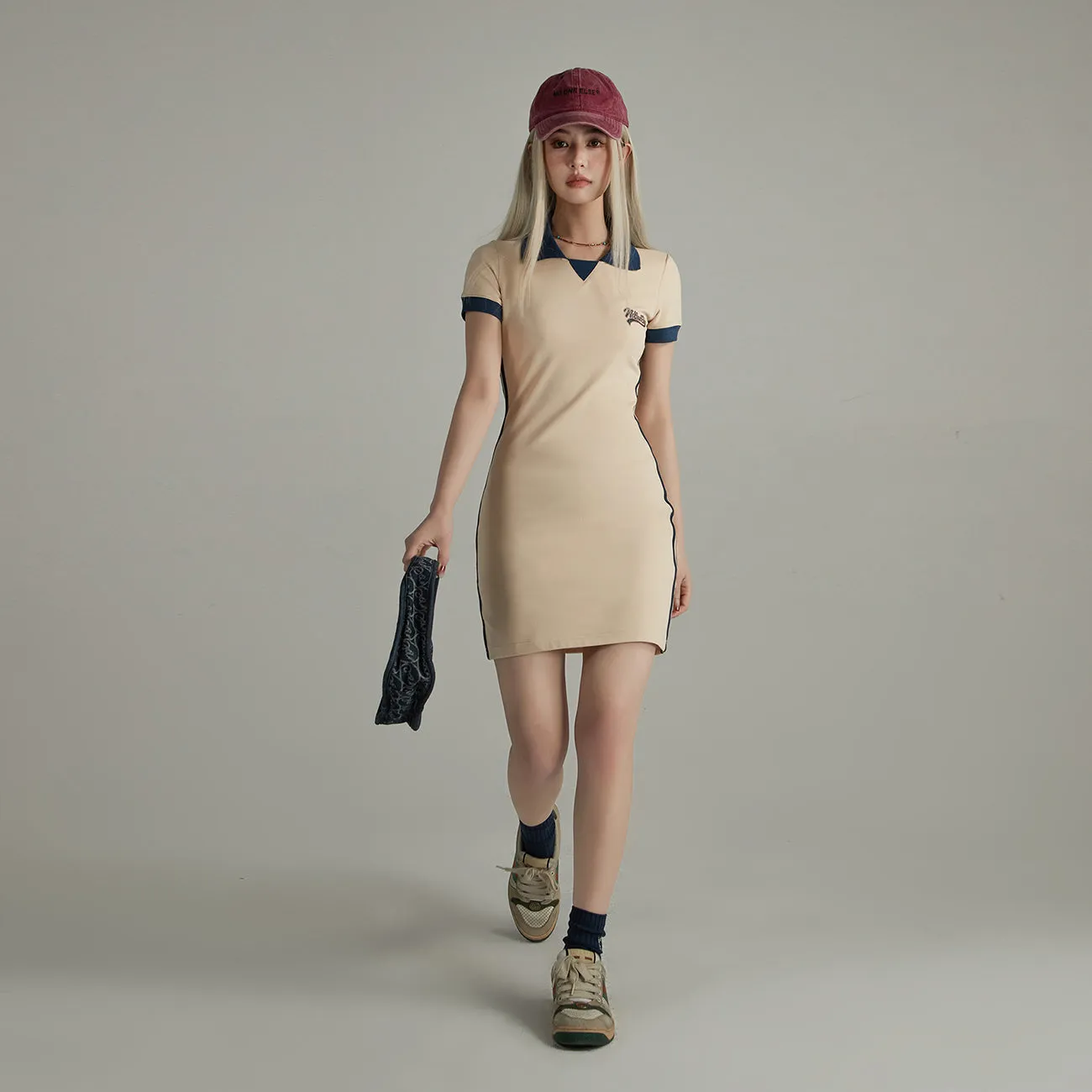 Polo Collar Color Bodycon Mini Dress