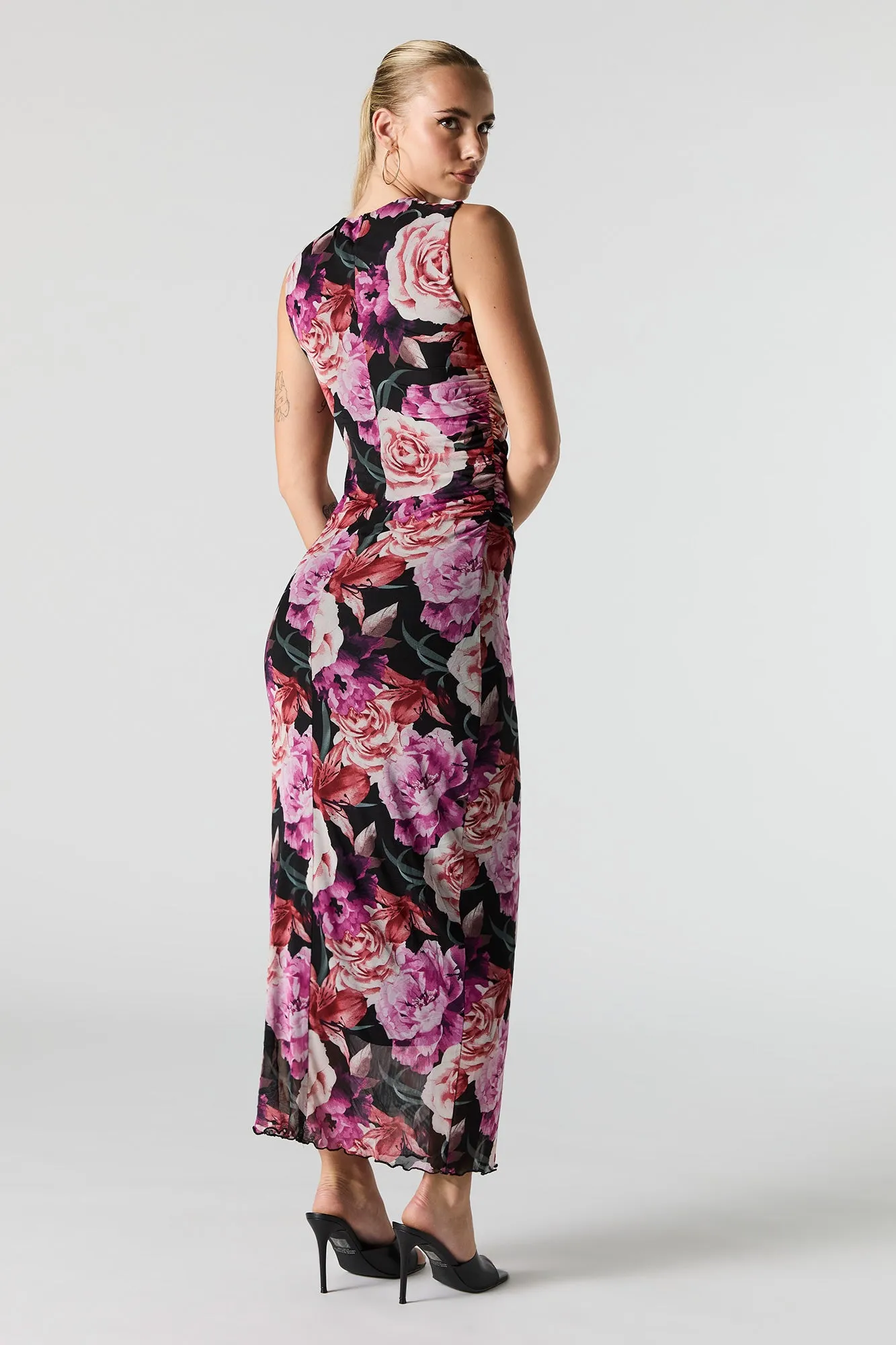 Printed Mesh High Neck Sleeveless Maxi Dress