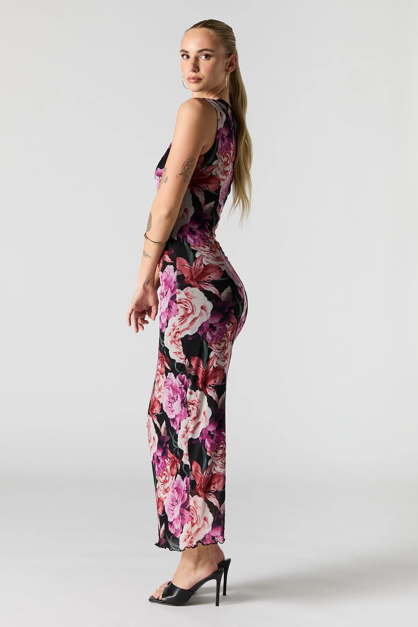 Printed Mesh High Neck Sleeveless Maxi Dress