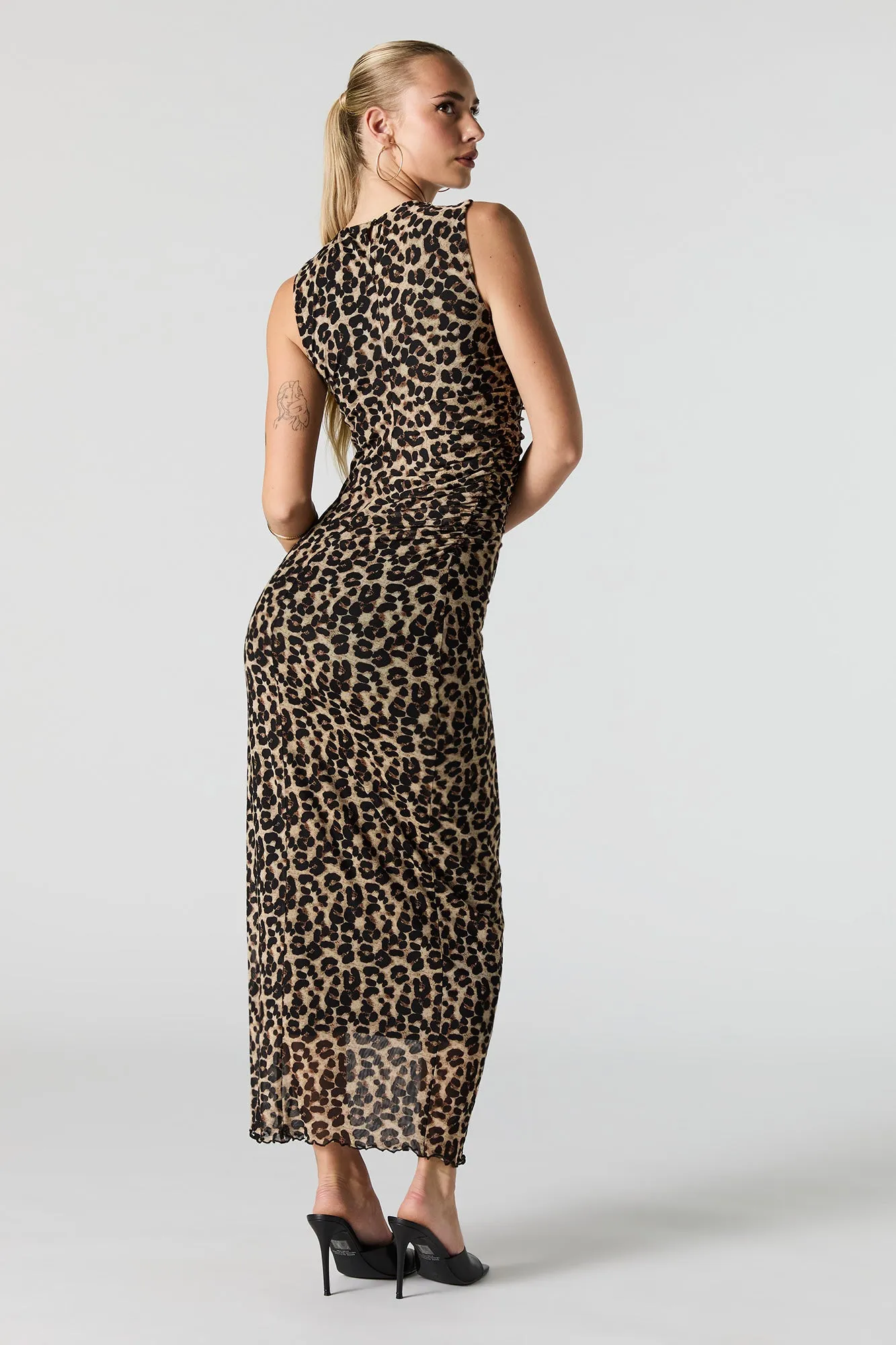 Printed Mesh High Neck Sleeveless Maxi Dress