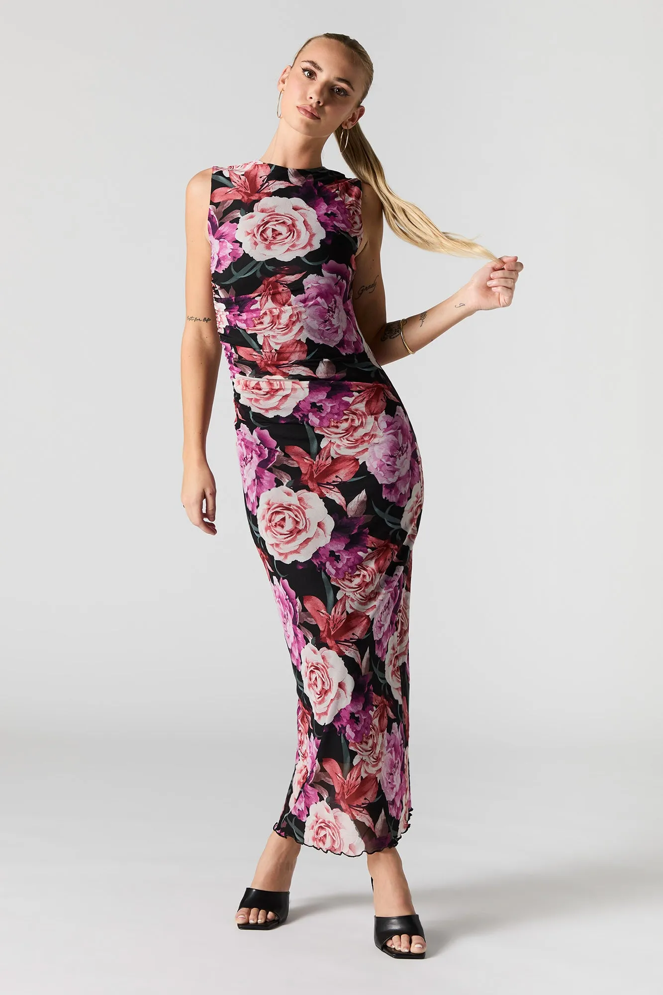 Printed Mesh High Neck Sleeveless Maxi Dress