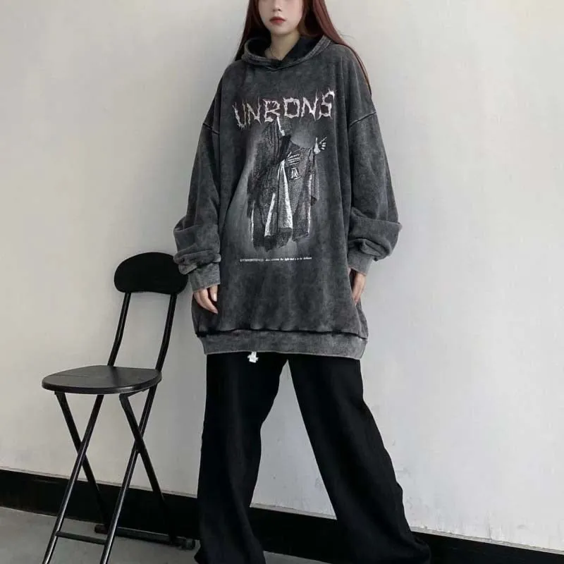 Pure Cotton Thick Gothic Women Hoodies Dark Academic Winter Warm Print Long Sleeve Harajuku Hooded Sweatshirt Streetwear