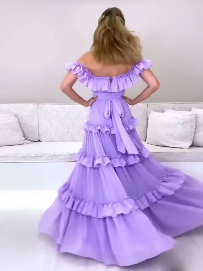 Purple chiffon long prom dress, purple evening dress