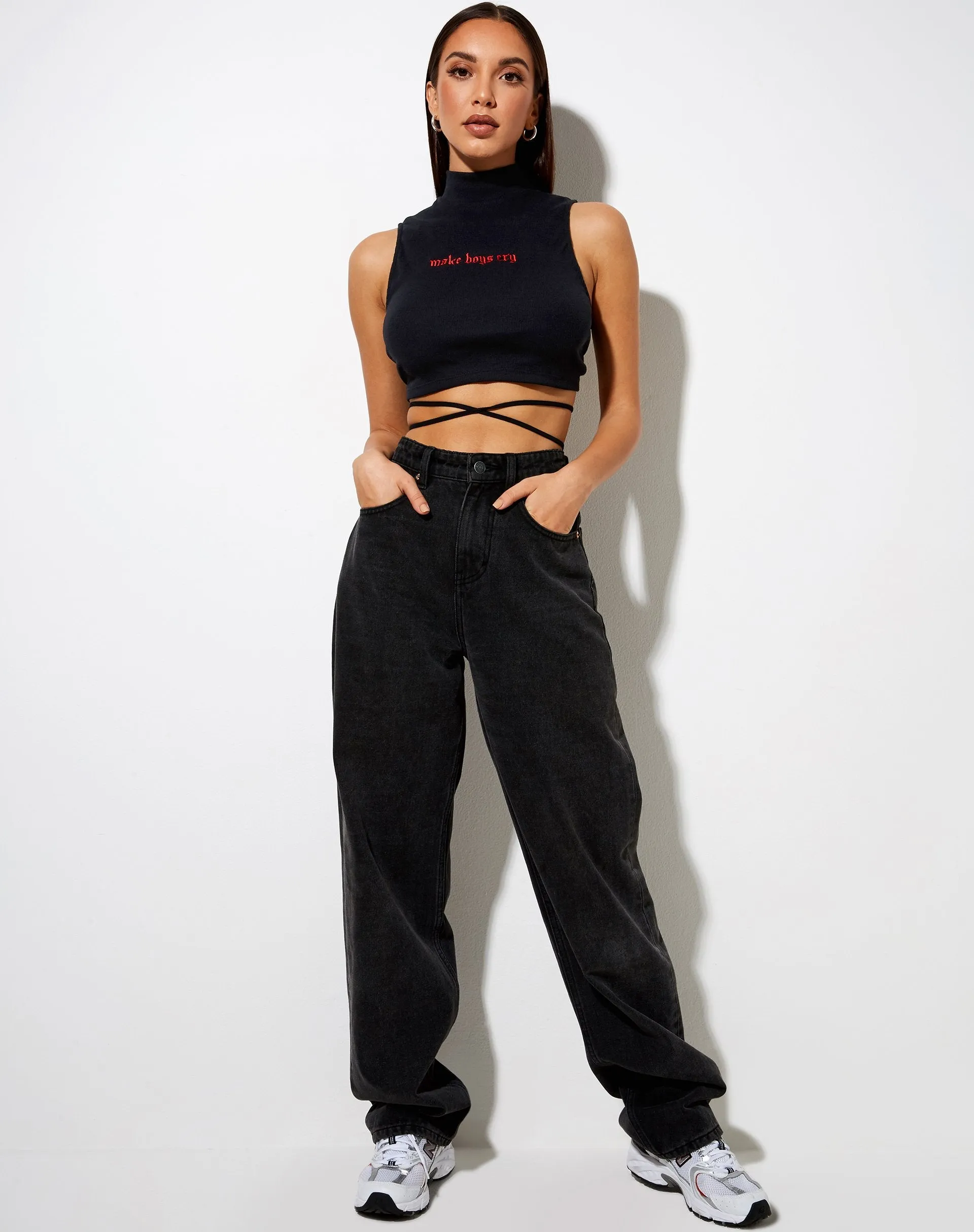 Quera Crop Top in Rib Black with 'Make Boys Cry' Embro