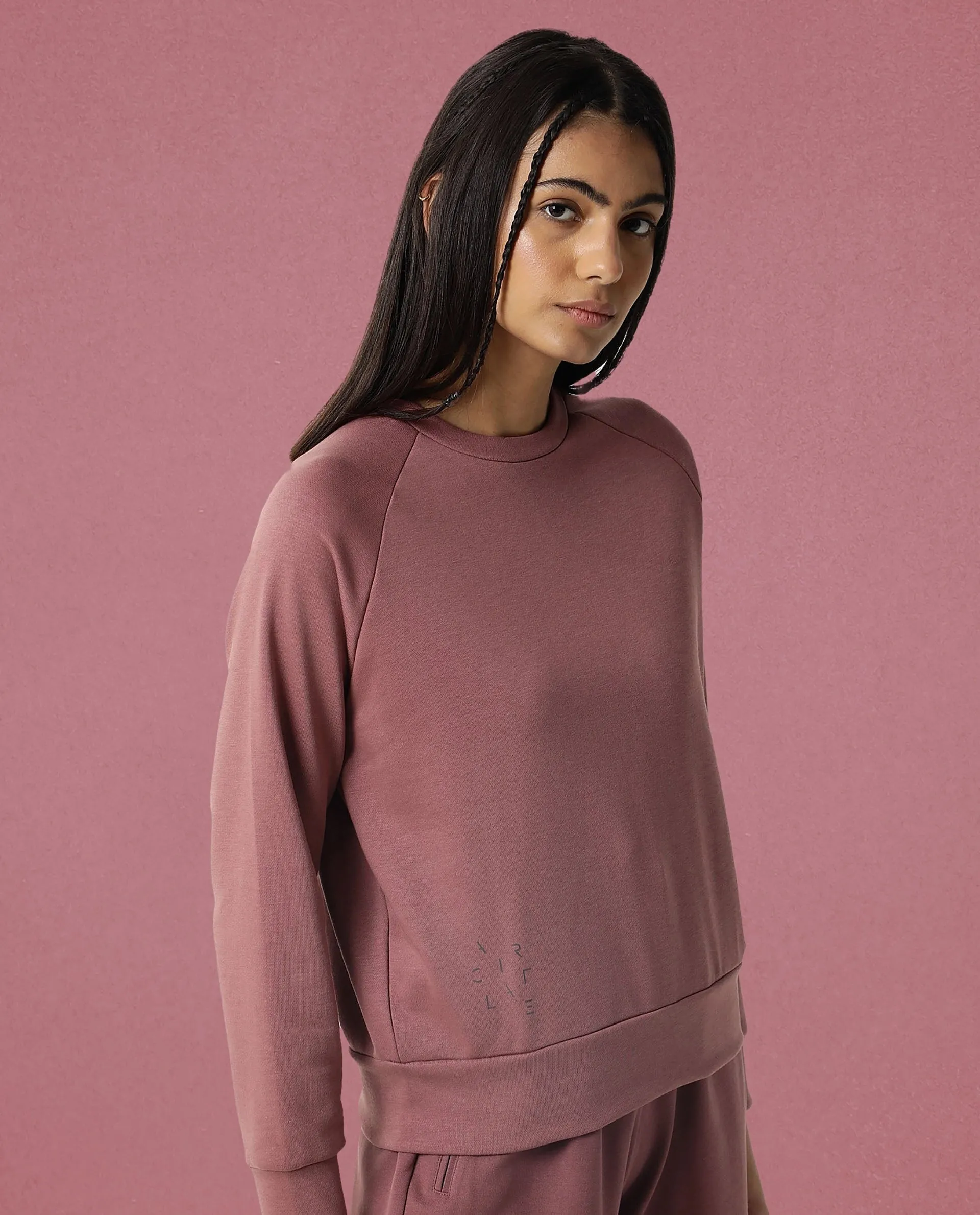 Rareism Women Cax Dark Pink Cotton Blend Fabric Relaxed Fit Full Sleeves Solid Round Neck Sweatshirt