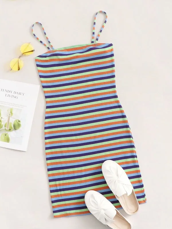 Rib-knit Striped Cami Dress