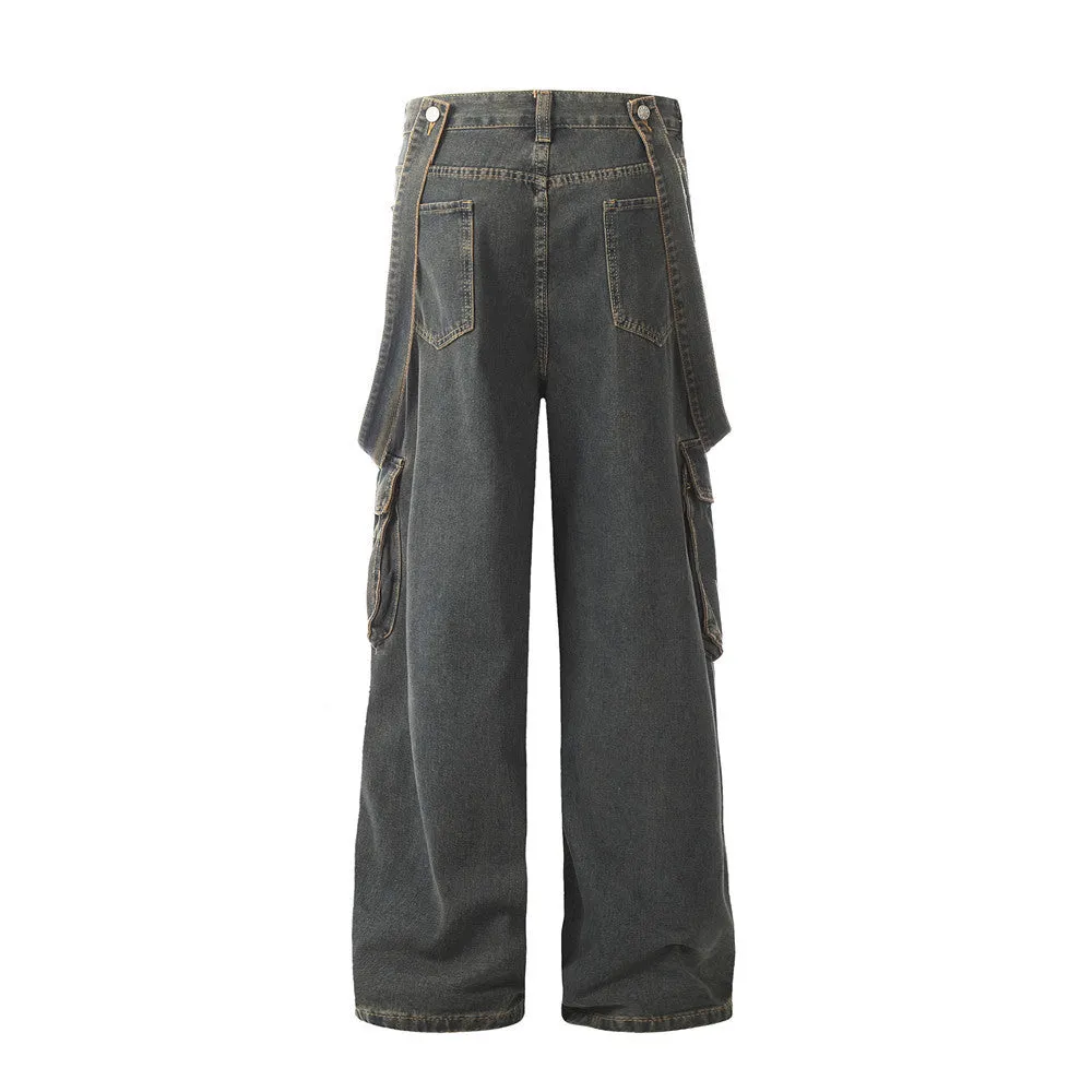 Ribbon Design Multi-pocket Workwear Denim Trousers Men