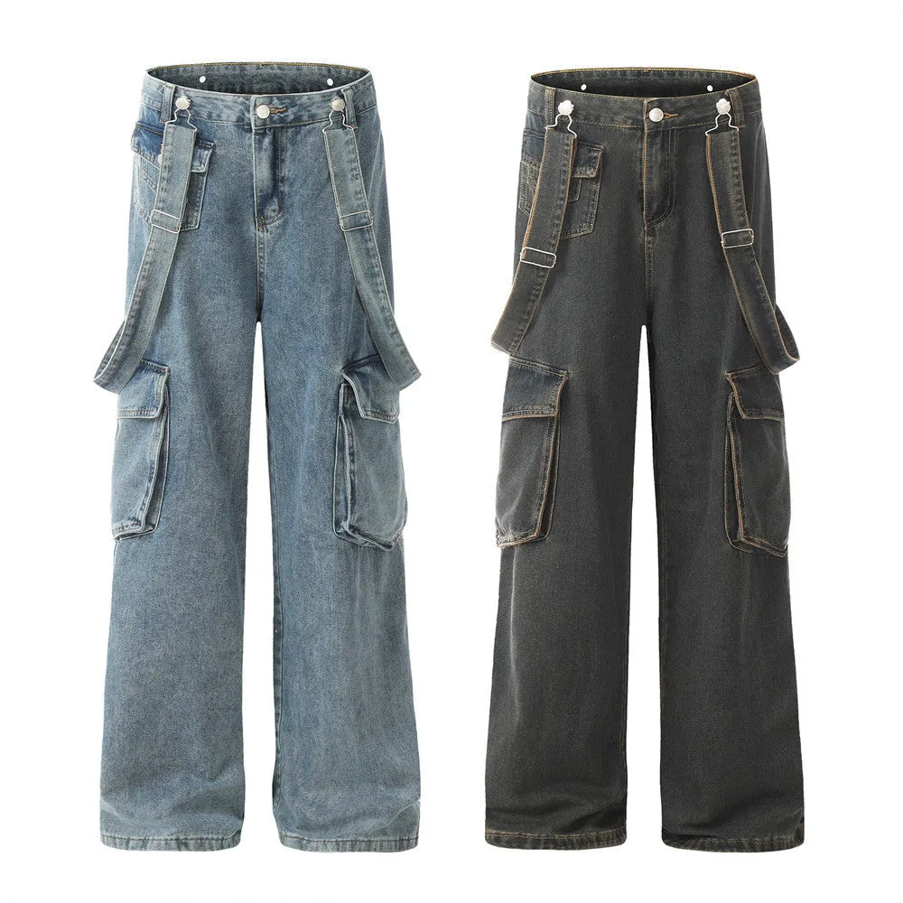 Ribbon Design Multi-pocket Workwear Denim Trousers Men