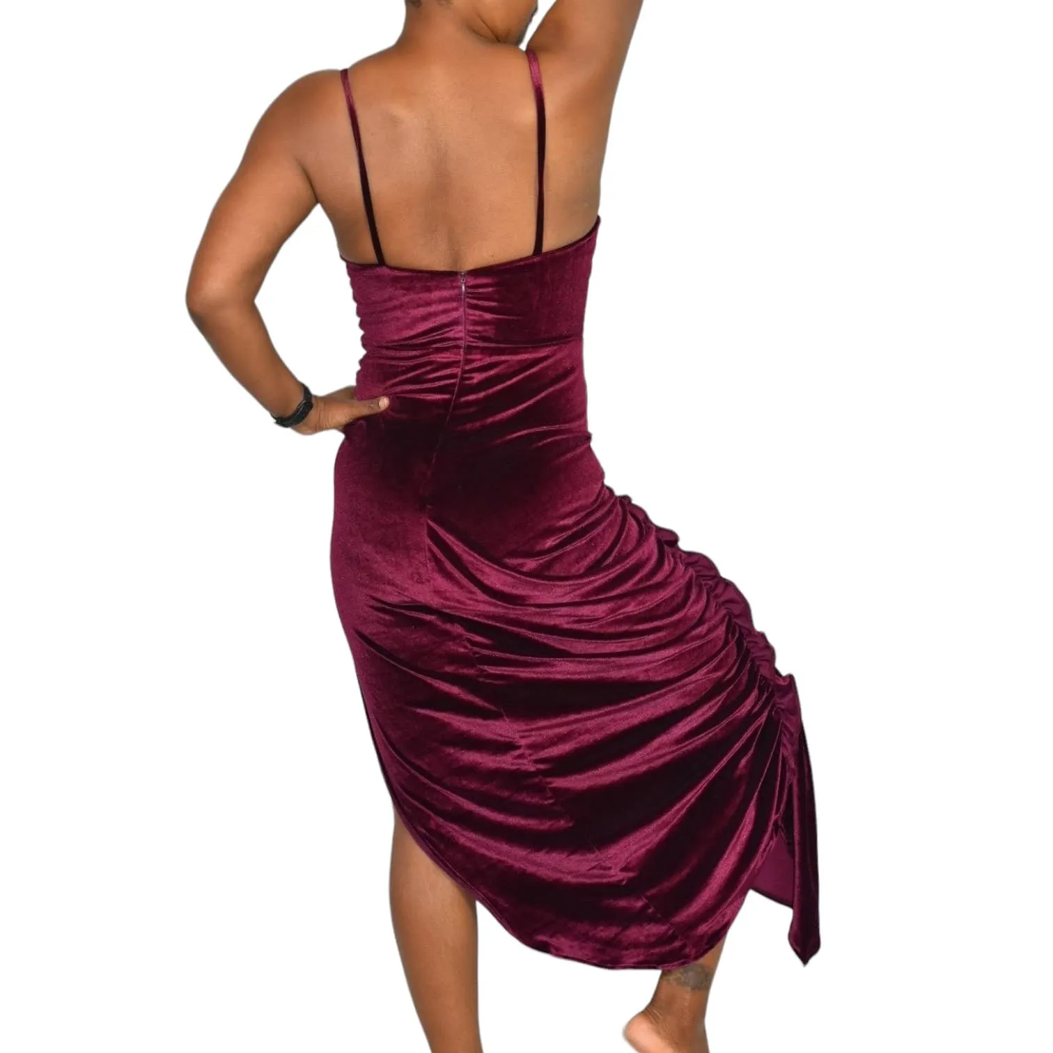 Ronny Kobo Ahn Dress Purple Velvet Ruched Shirred Midi Thigh Side Slit Jewel Tone Ruffle Size XS