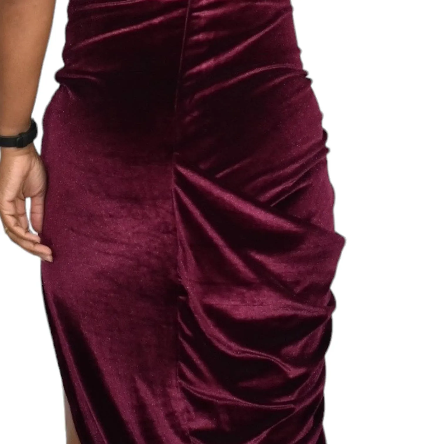 Ronny Kobo Ahn Dress Purple Velvet Ruched Shirred Midi Thigh Side Slit Jewel Tone Ruffle Size XS