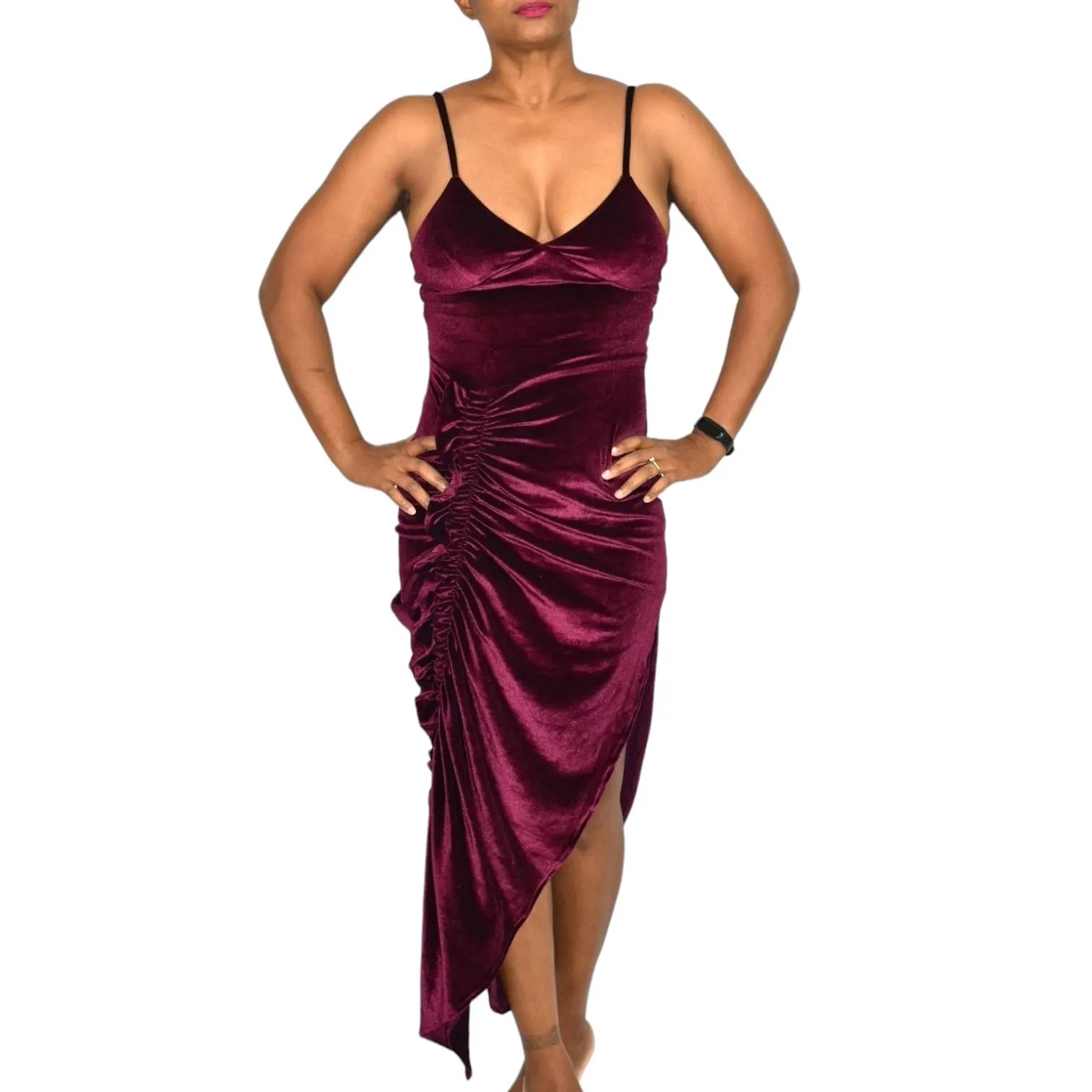 Ronny Kobo Ahn Dress Purple Velvet Ruched Shirred Midi Thigh Side Slit Jewel Tone Ruffle Size XS