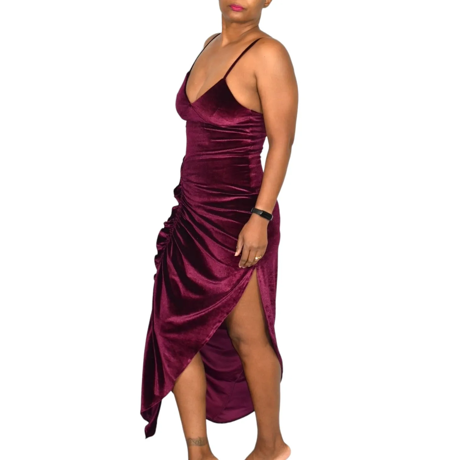 Ronny Kobo Ahn Dress Purple Velvet Ruched Shirred Midi Thigh Side Slit Jewel Tone Ruffle Size XS