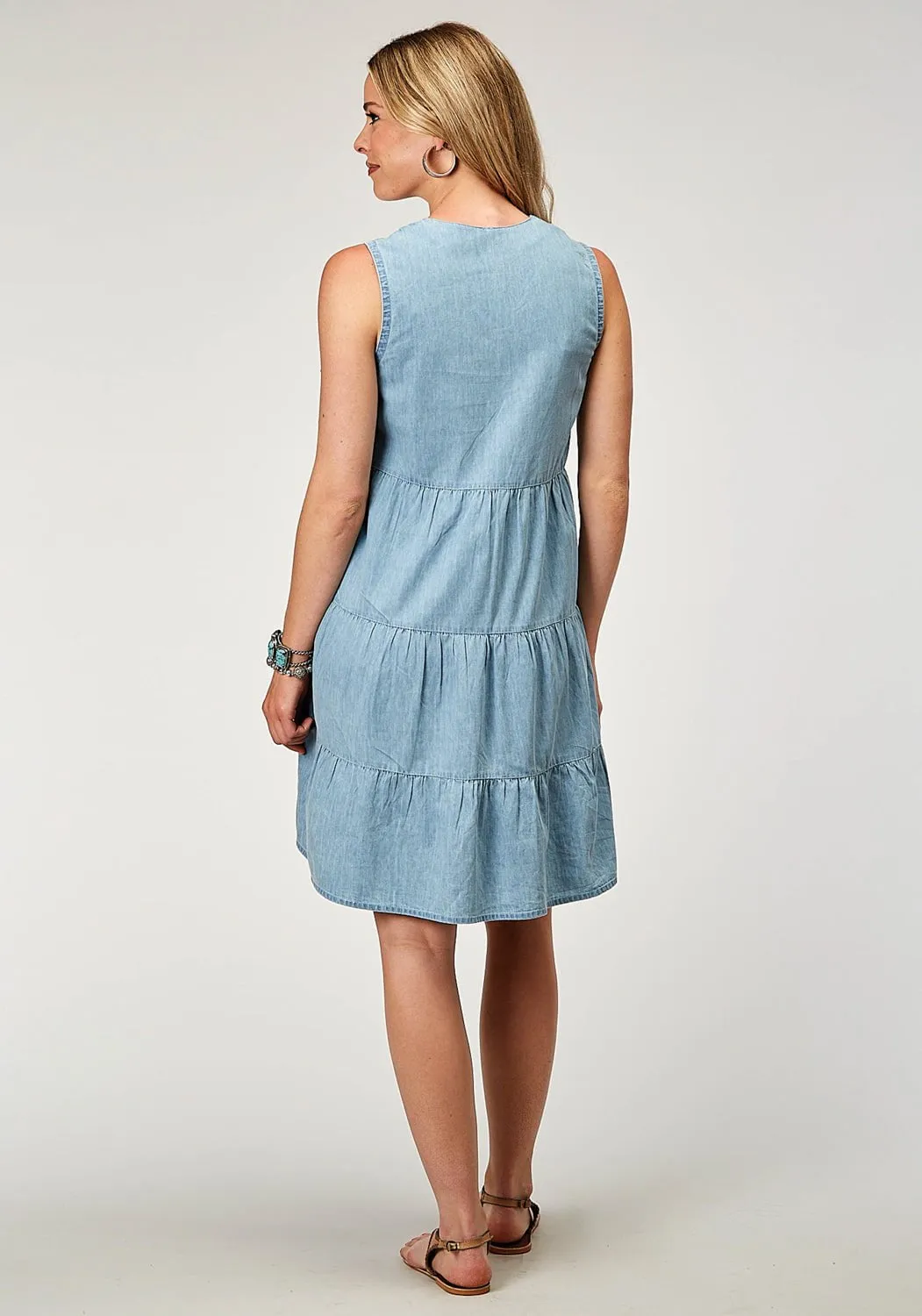 Roper Womens 3-Tier Ruffled Blue 100% Cotton S/L Dress