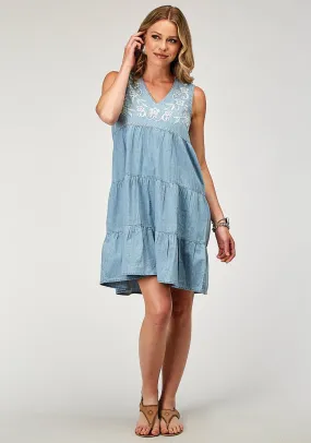 Roper Womens 3-Tier Ruffled Blue 100% Cotton S/L Dress