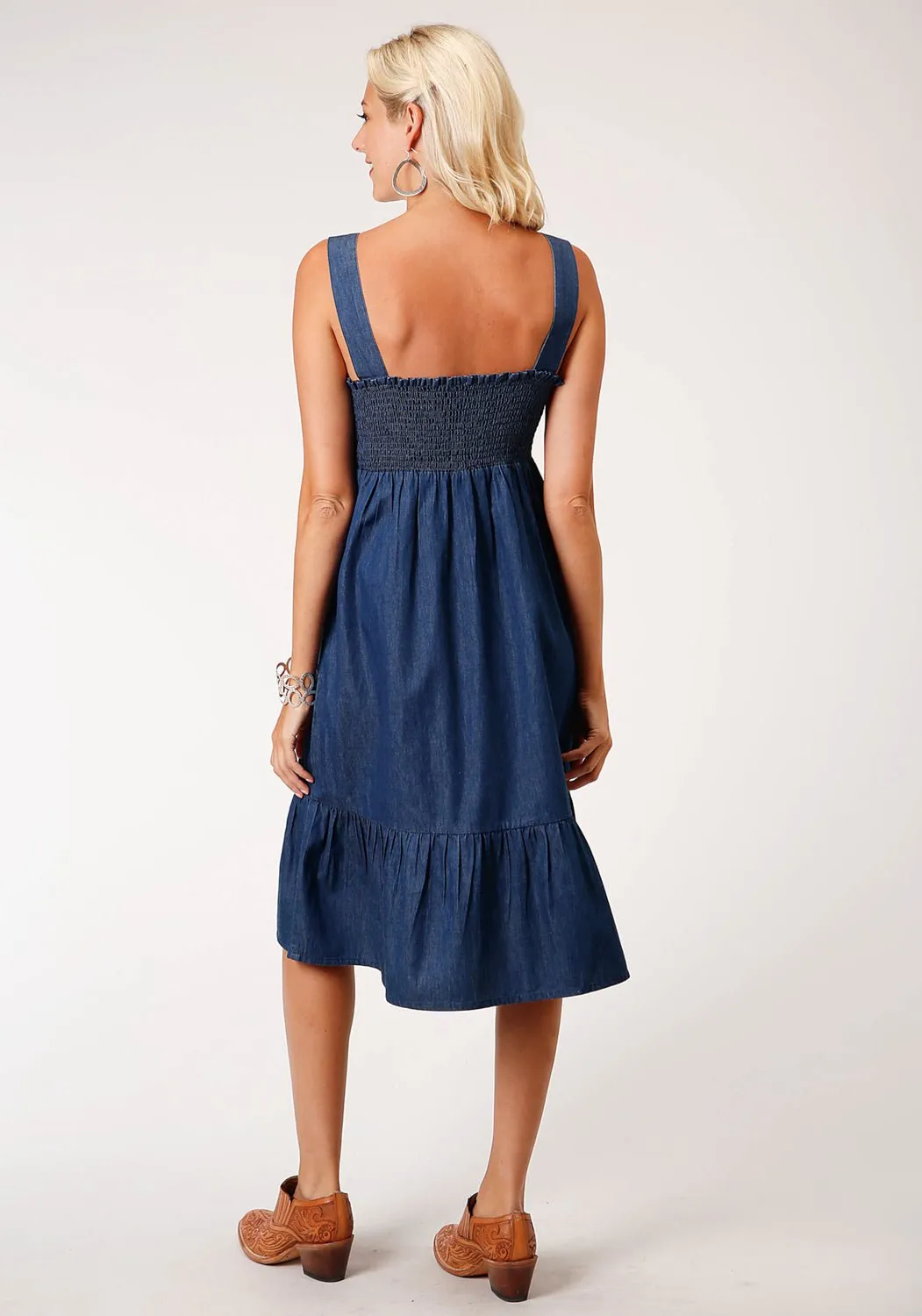 Roper Womens Indigo Blue 100% Cotton Midi Length S/L Dress XS