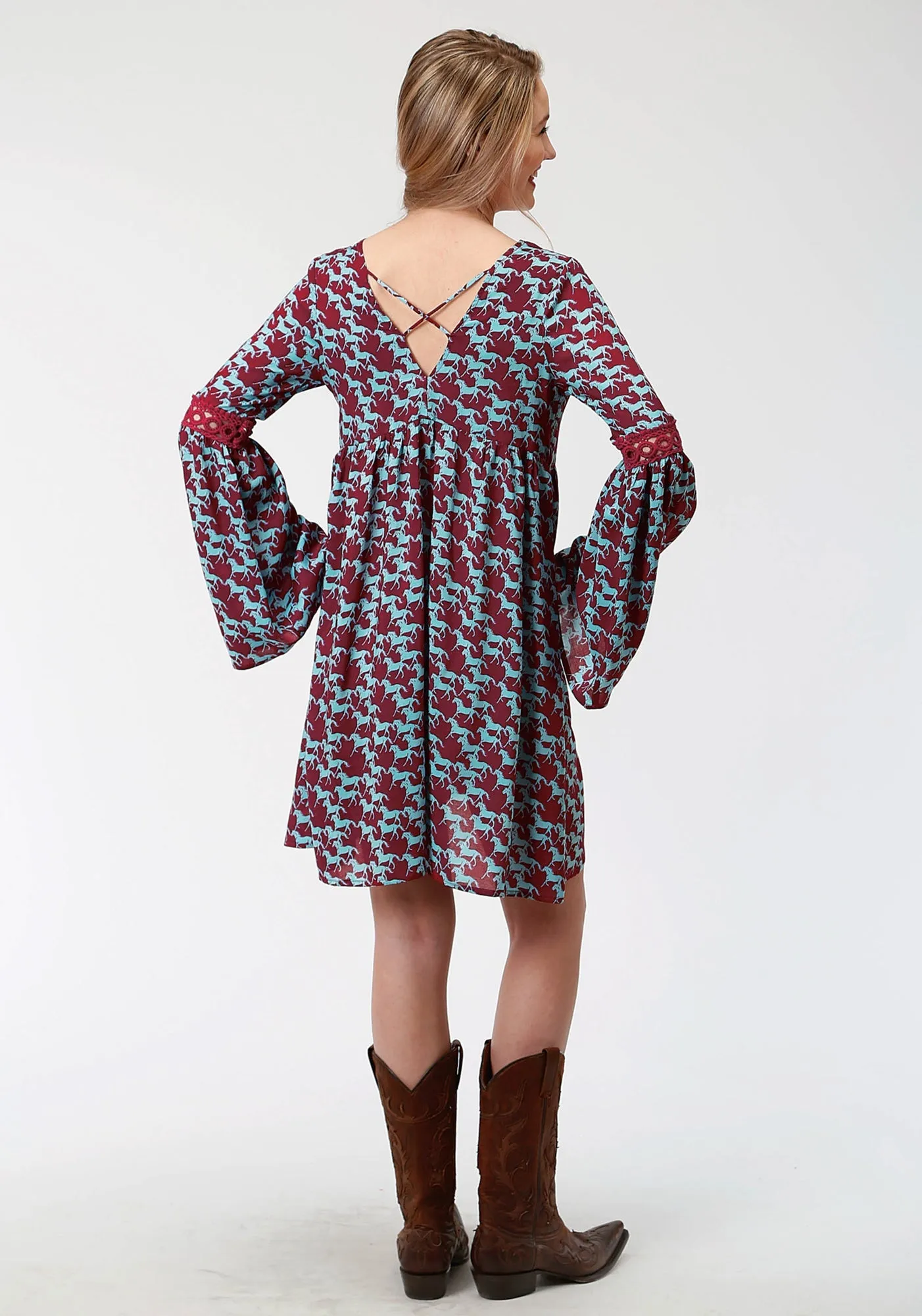 Roper Womens Red Rayon/Nylon Stampede Print L/S Dress L