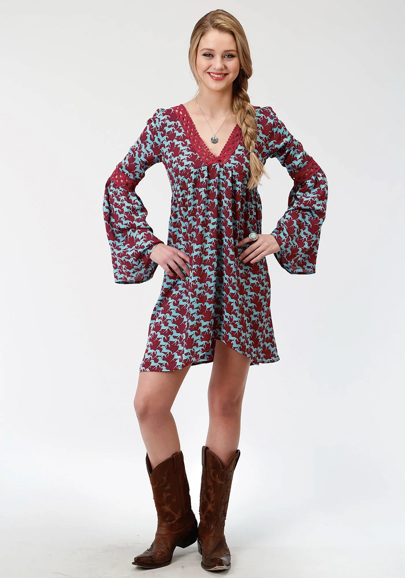 Roper Womens Red Rayon/Nylon Stampede Print L/S Dress S