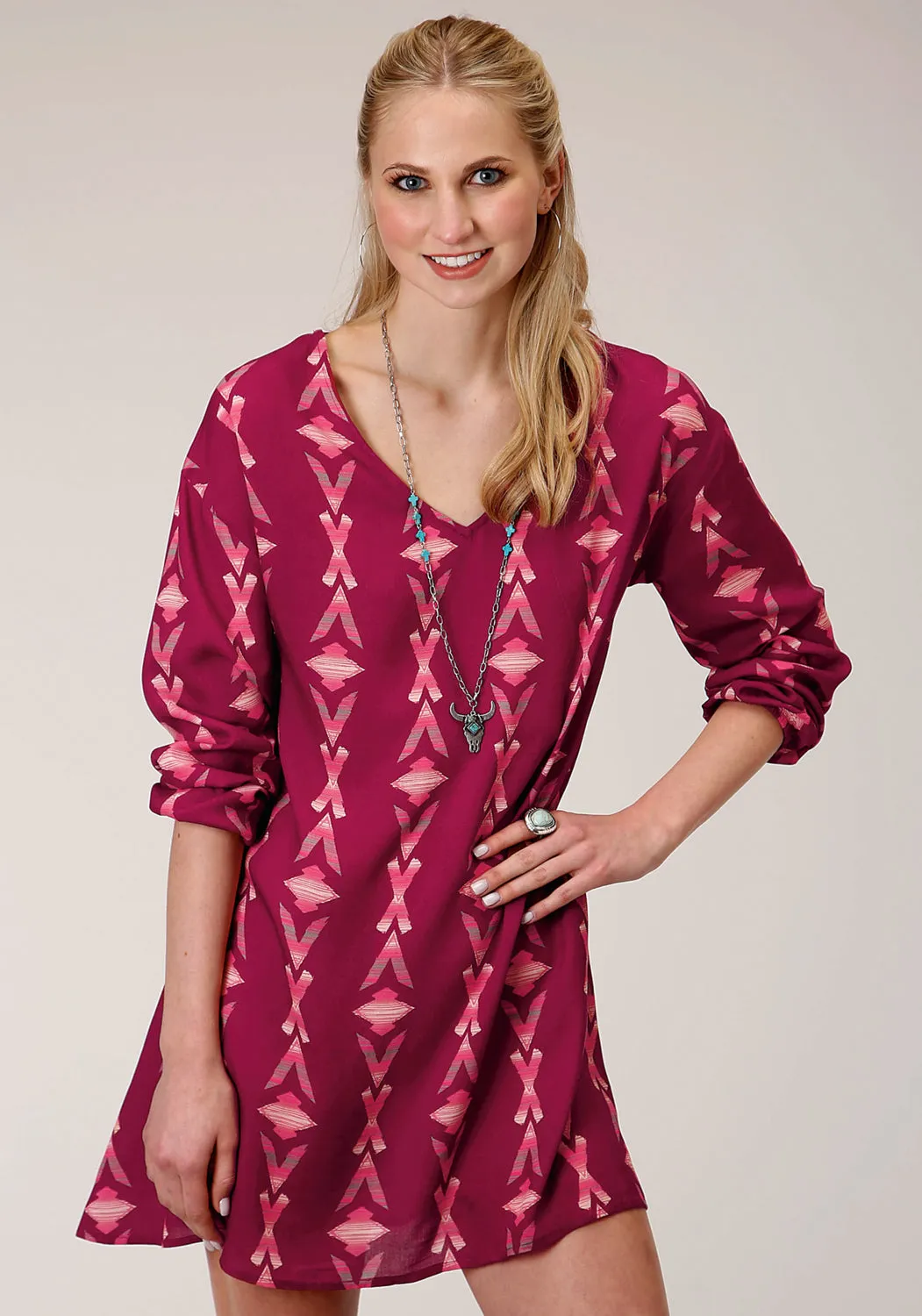 Roper Womens Wine Rayon/Nylon Aztec S/L Dolman Sleeve Dress