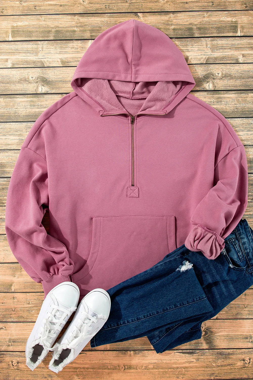 Rose Hooded Quarter Zip with Kangaroo Pocket