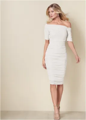 Ruched Mesh Bodycon Dress - Off White