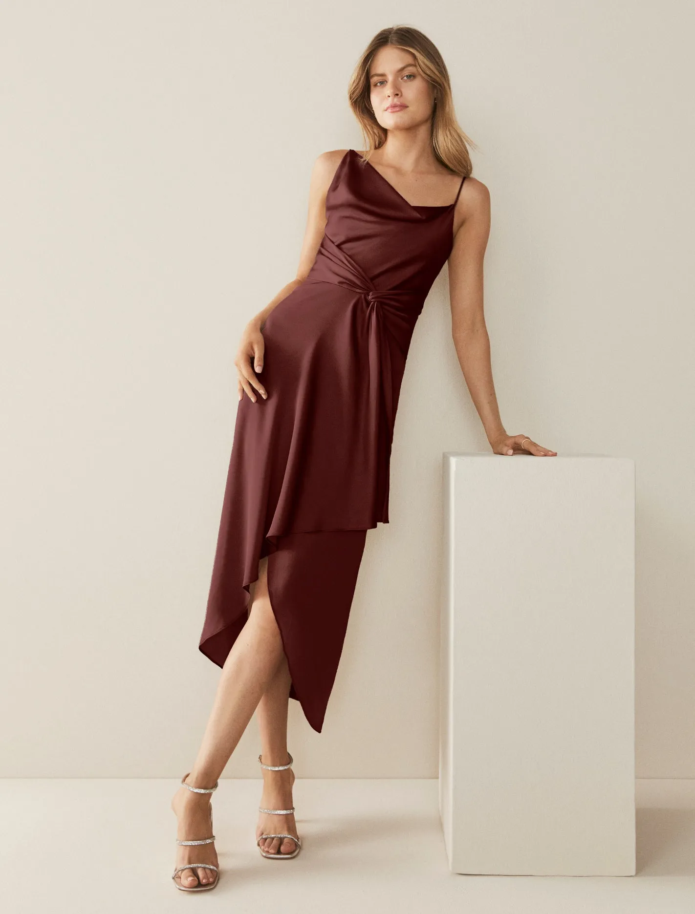 Savannah Petite Cowl Satin Midi Dress