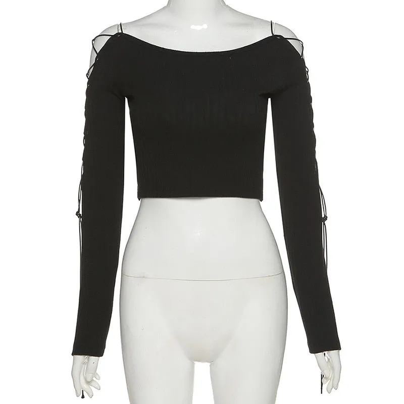 Sexy Bandage Hollow Out Gothic Punk Bodycon Crop Top Long Sleeve