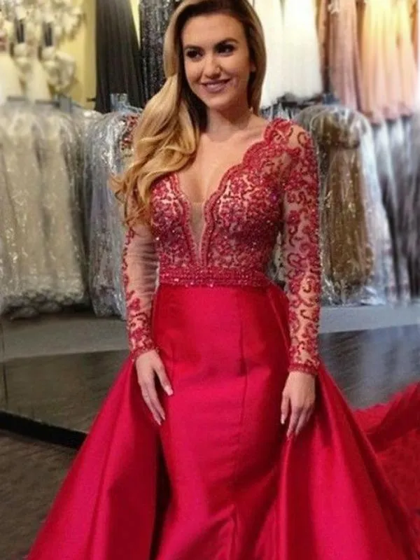 Sexy Red V-neck Lace Top Open Back Mermaid Detachable Long Prom Dress