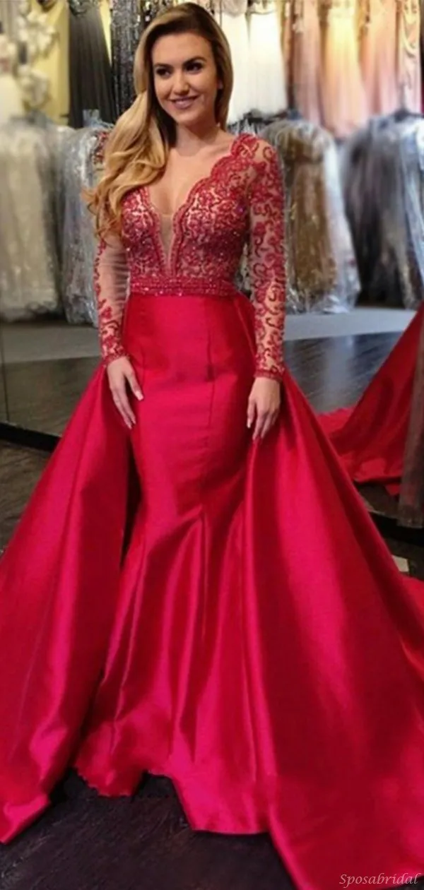 Sexy Red V-neck Lace Top Open Back Mermaid Detachable Long Prom Dress