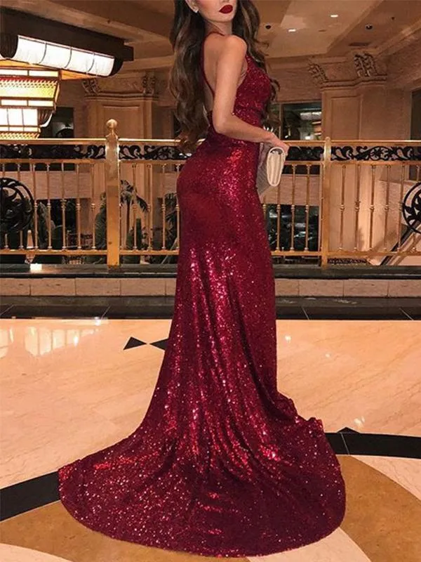 Sexy Sparkling Burgundy V-neck Pleats Side-slit Oprn Back Long Train Prom Dress