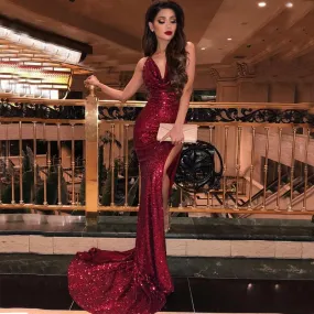 Sexy Sparkling Burgundy V-neck Pleats Side-slit Oprn Back Long Train Prom Dress