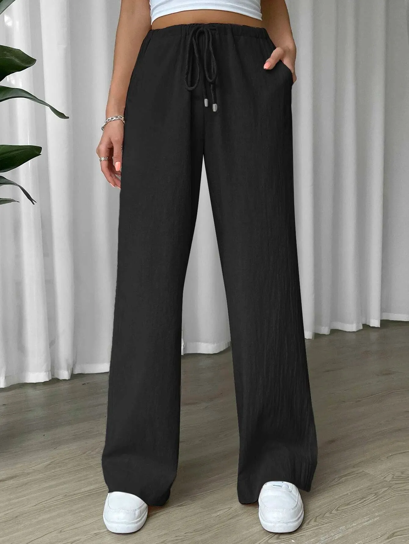 SHEIN EZwear Linen Drawstring Waist Slant Pocket Wide Leg Pants