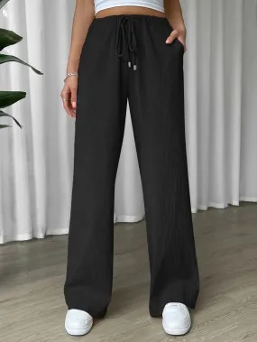 SHEIN EZwear Linen Drawstring Waist Slant Pocket Wide Leg Pants