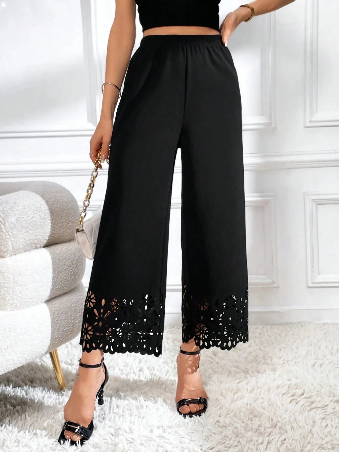 SHEIN Privé Laser Cut Out Wide Leg Pants