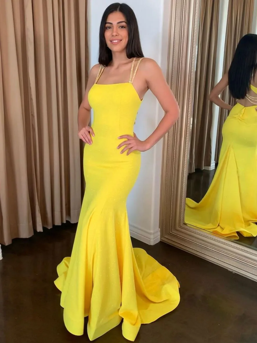 Simple yellow satin long prom dress, mermaid long evening dress