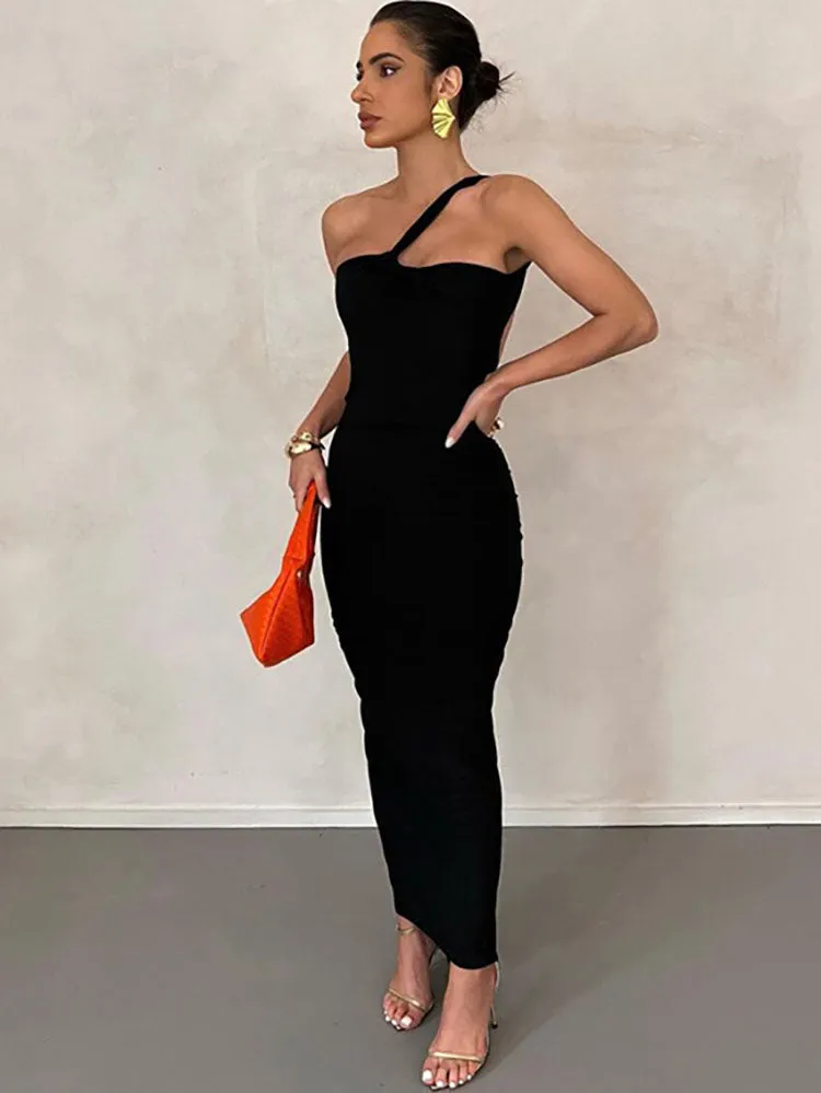 Sleeveless One Shoulder Bodycon Maxi Dresses