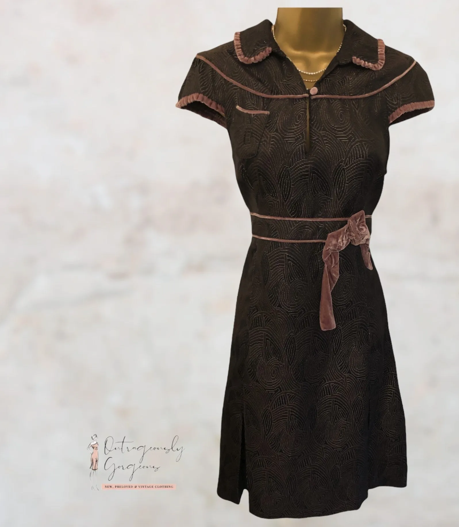 S'Nob by Sans Noblesse Brown & Dusky Pink Velvet Dress Size L - UK 12/14 US 8/10 EU 40/42