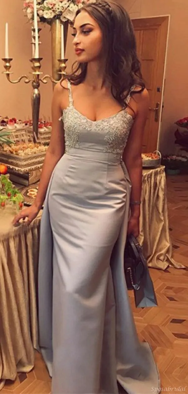 Spaghetti Strap Grey Mermaid Lace Top Long Prom Dress