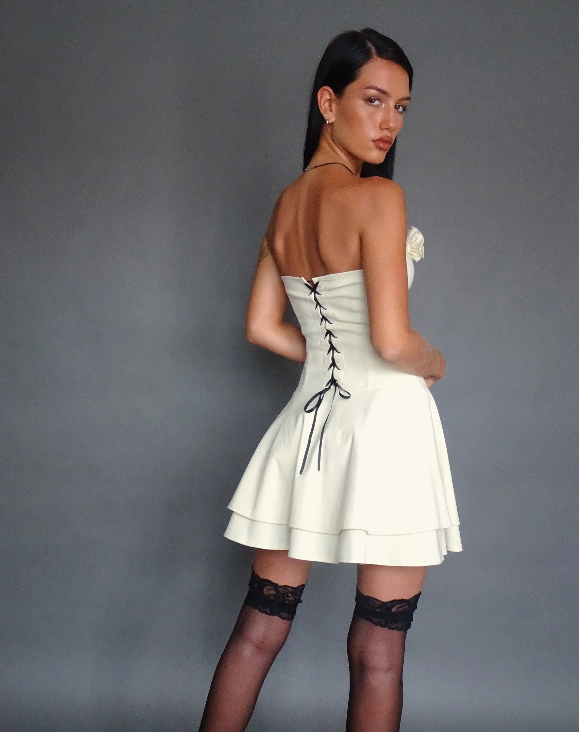 Striata Mini Dress in Cream with Rosette and Lace Back