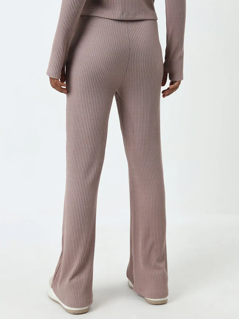 Studiofit Light Brown Ribbed Textured High-Rise Track Pants