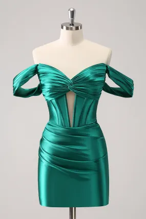 Stylish Dark Green Off The Shoulder Ruched Cut Out Corset Tight Homecoming Dress