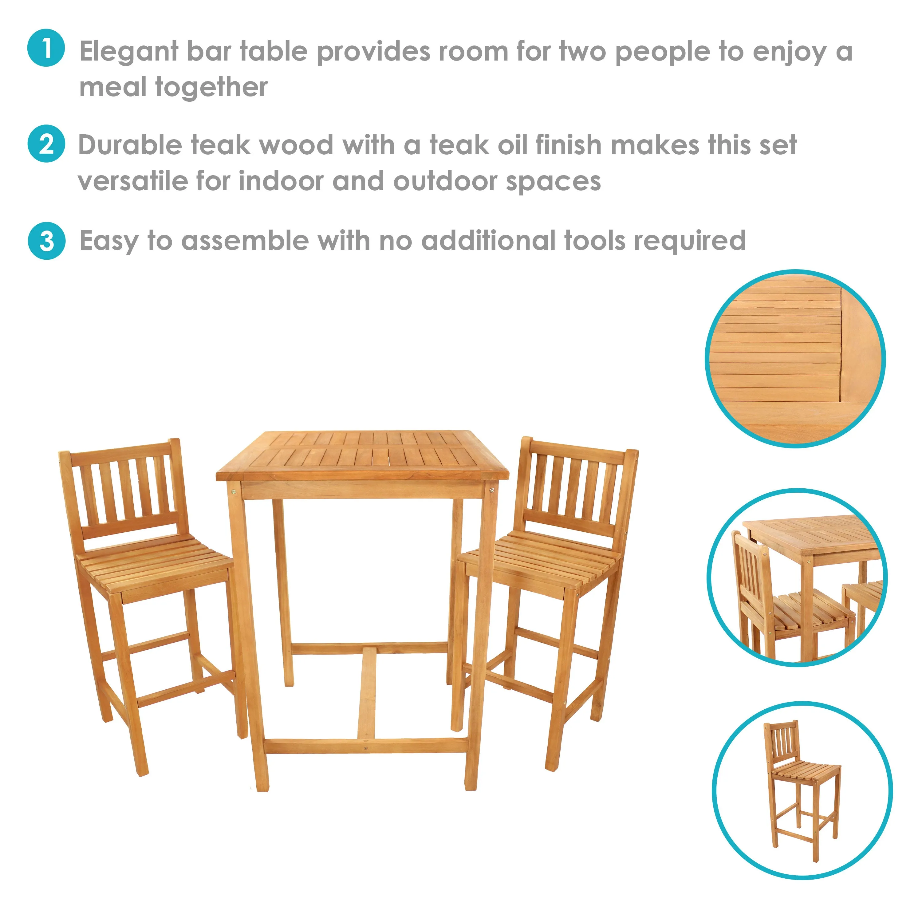 Sunnydaze 3-Piece Wood Patio Bar-Height Table and Chairs