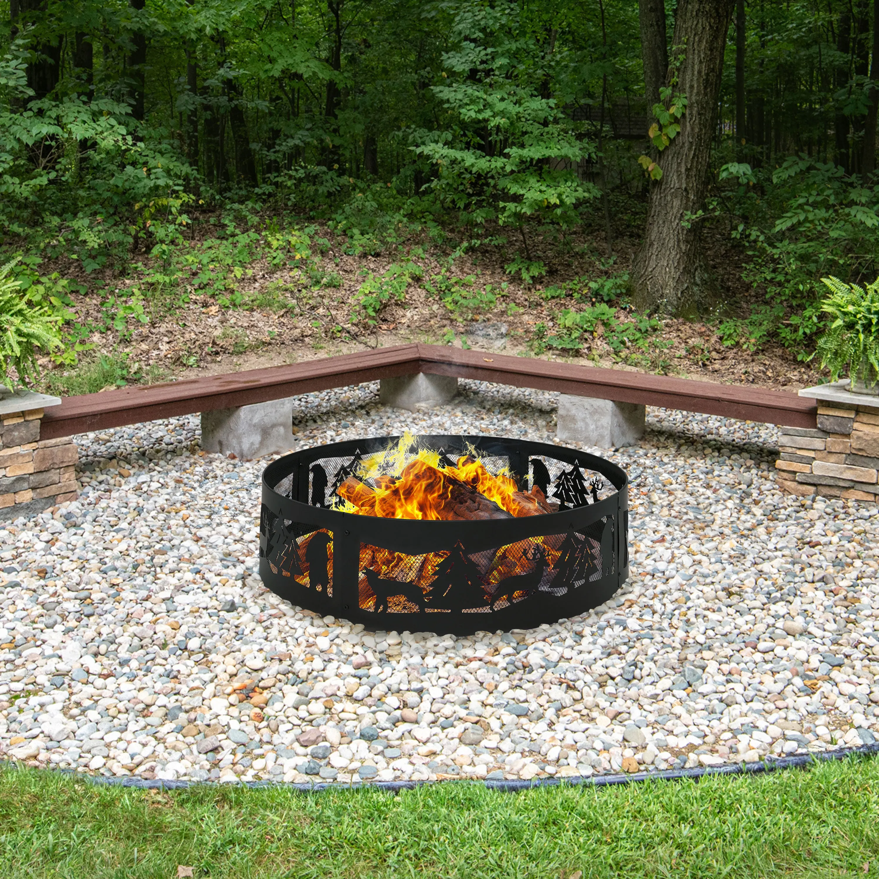 Sunnydaze Forest Wilderness Black Steel Fire Pit Ring with Cutouts - 36"