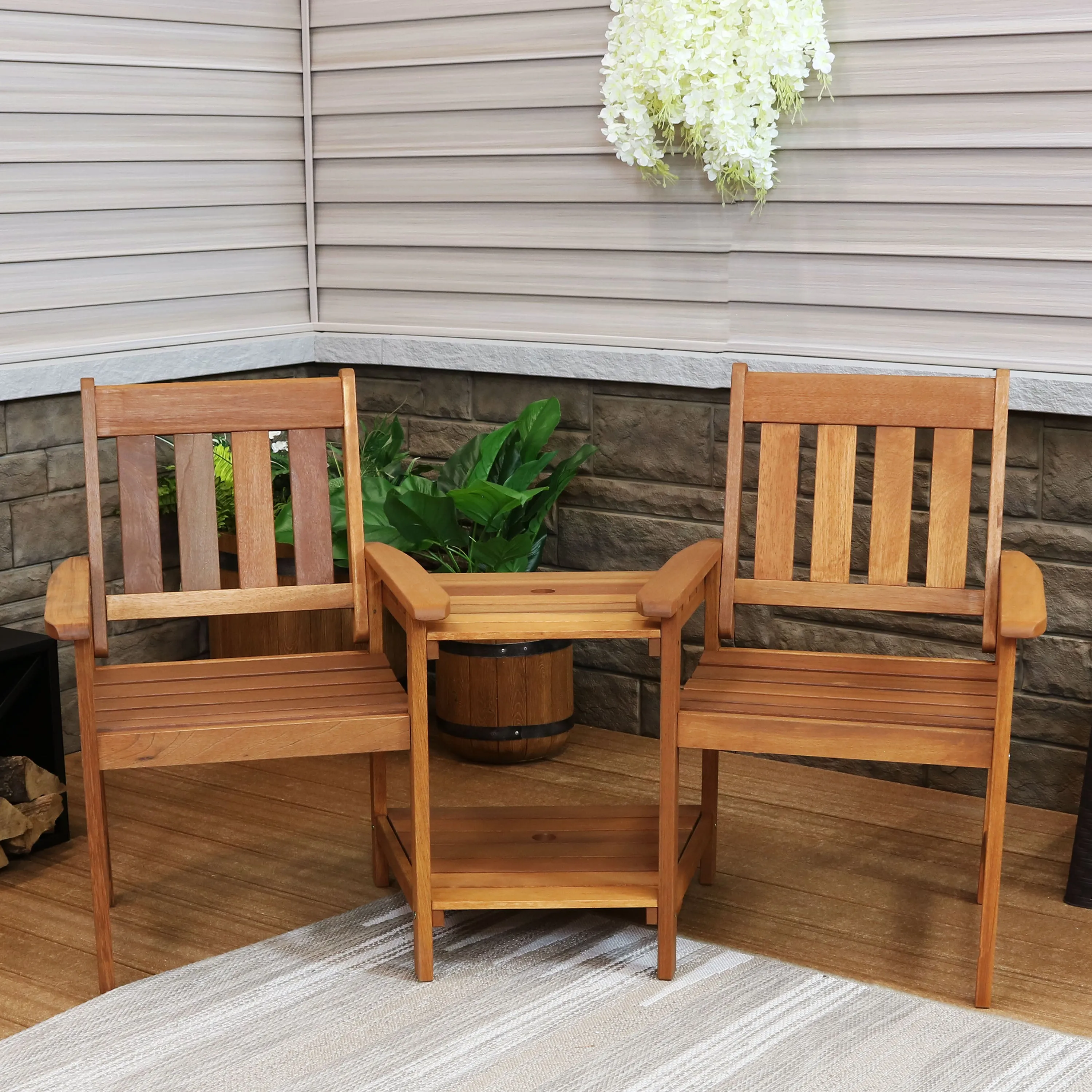 Sunnydaze Meranti Wood Jack-and-Jill Chairs with Attached Table - 65"