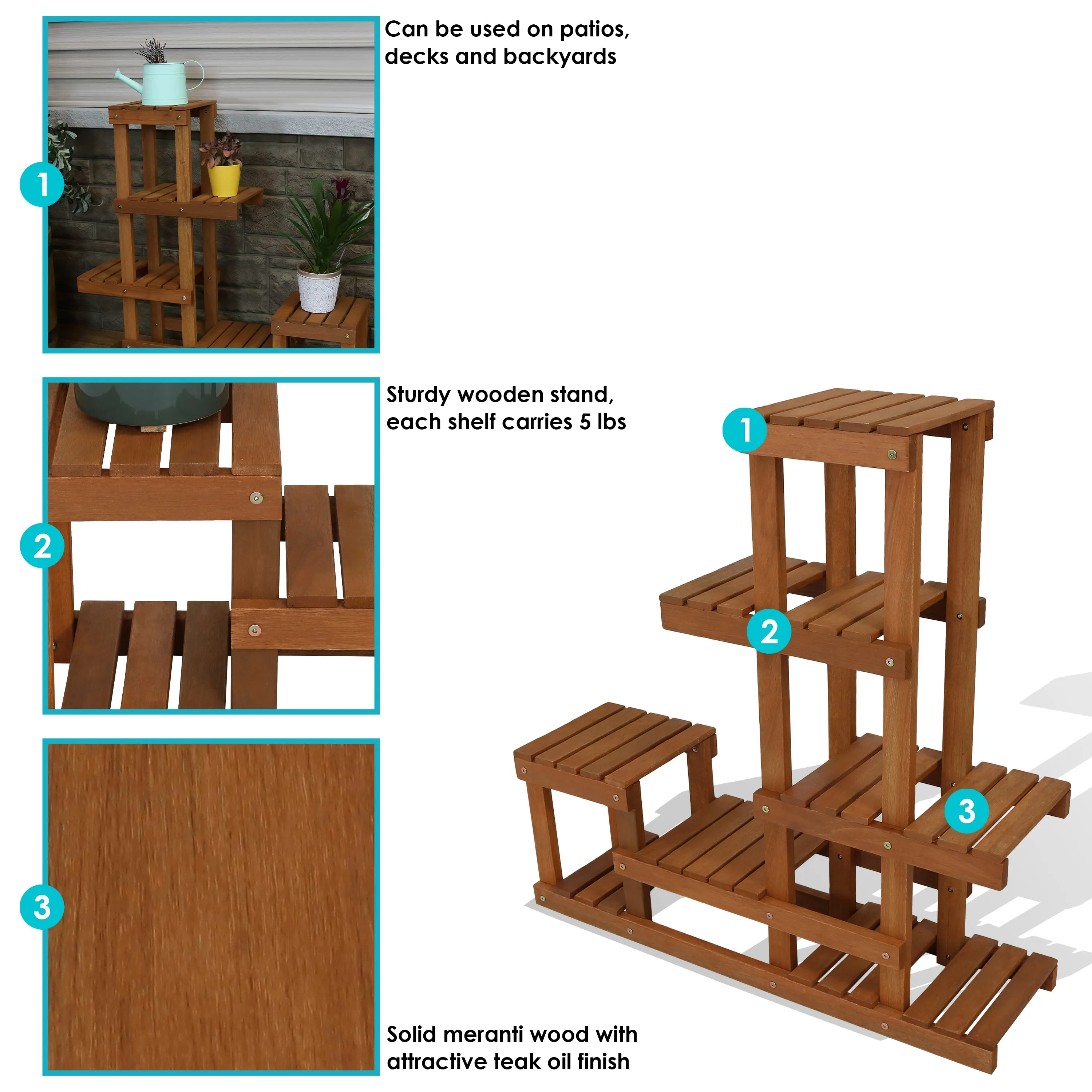 Sunnydaze Meranti Wood Multi-Tiered Plant Stand - Teak Oil Finish