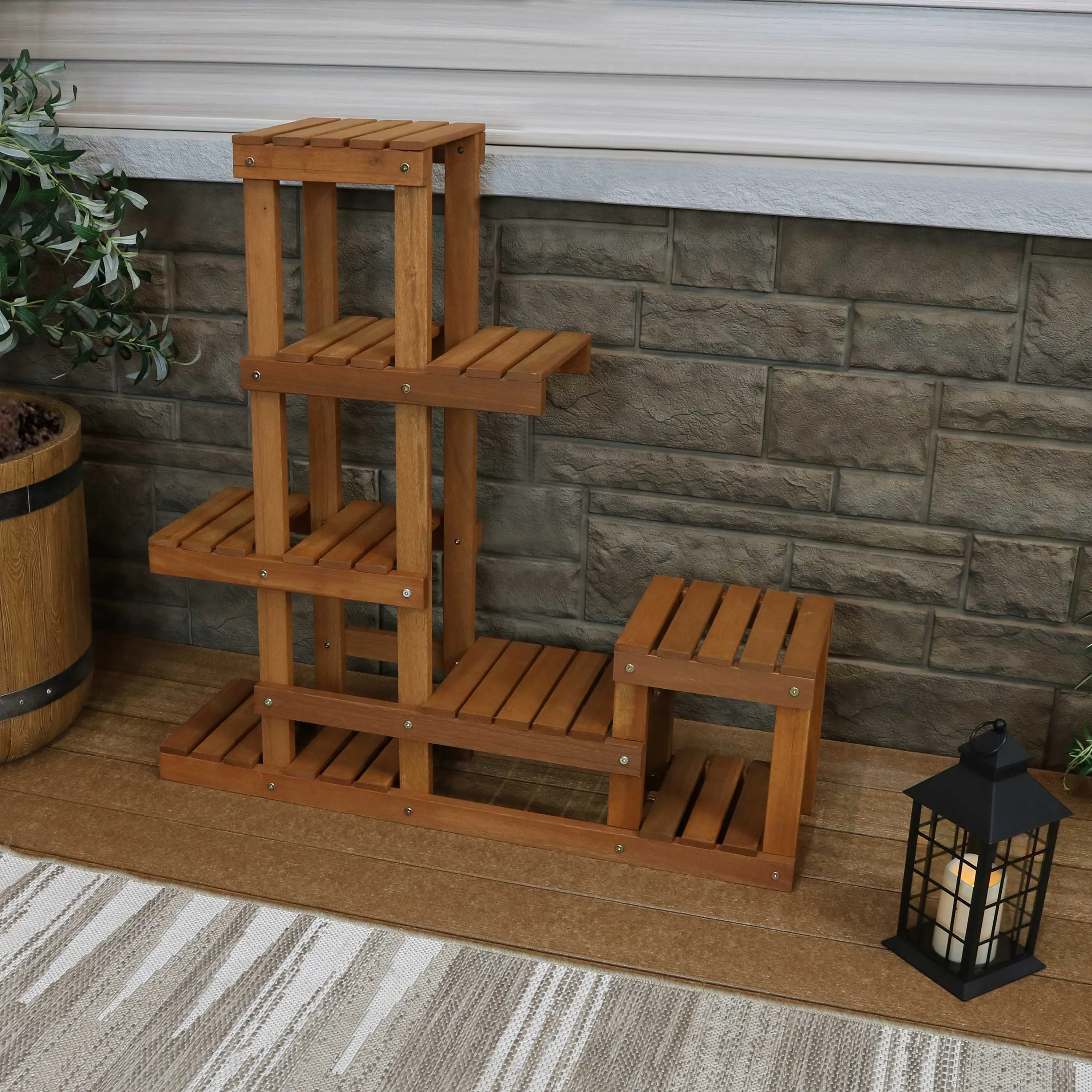 Sunnydaze Meranti Wood Multi-Tiered Plant Stand - Teak Oil Finish